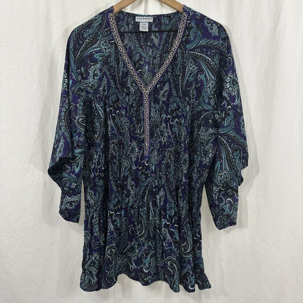 Catherines Purple Blue Paisley Beaded Flare 3/4 Sleeve Pleated Top Size 2XWP